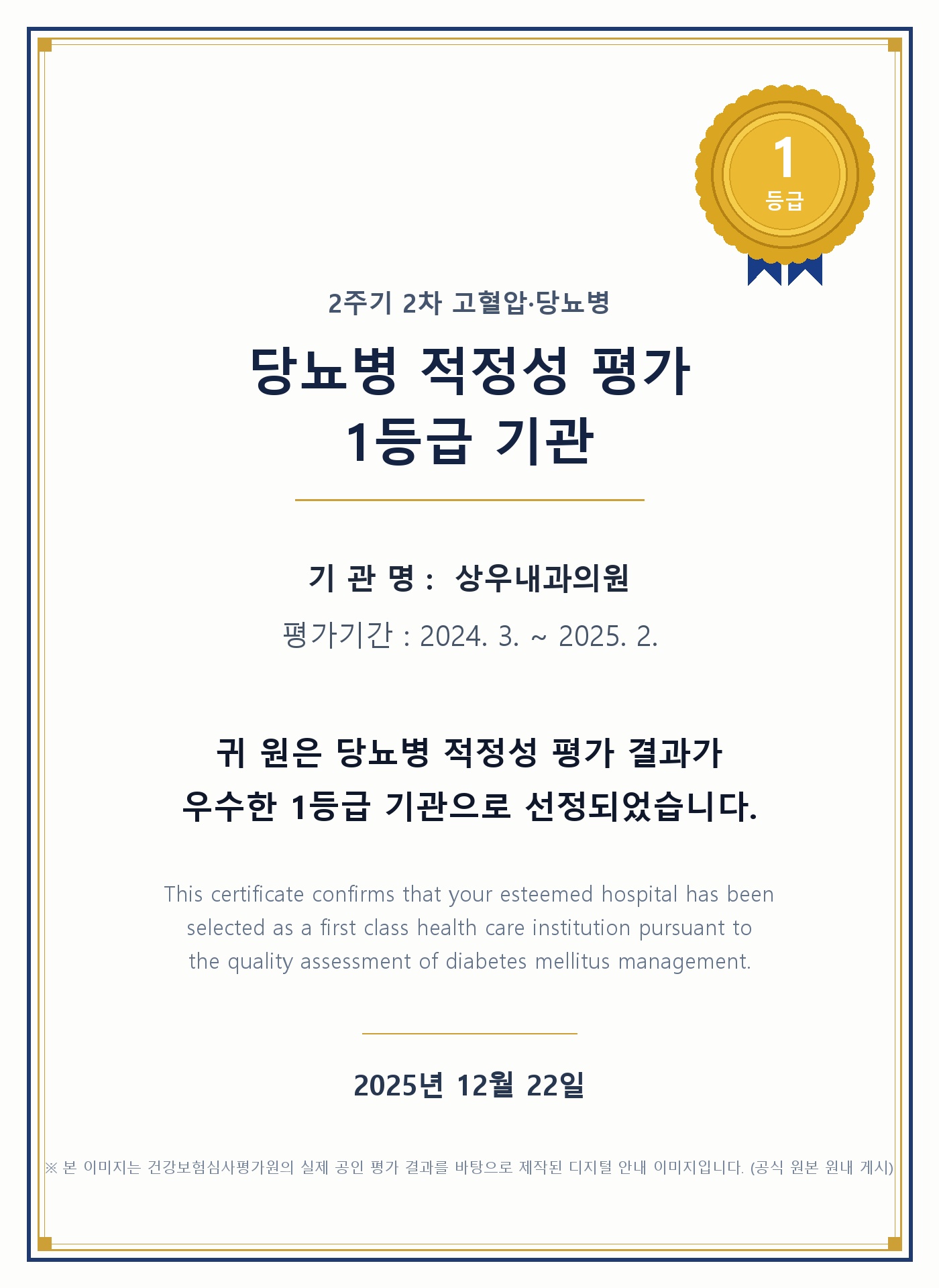 건강보험심사평가원 2주기 2차 당뇨병 적정성 평가 1등급 기관 상우내과의원 인증